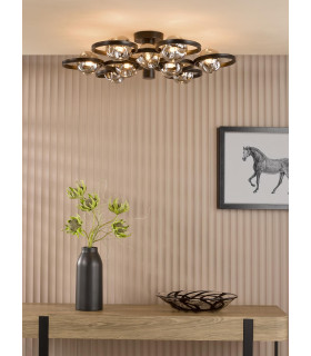 Lynette 9 Light Semi-Flush Satin Black With Closed Organic Smoked Glass-2