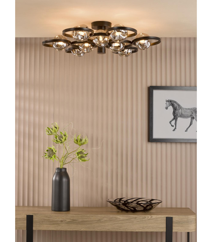 Lynette 9 Light Semi-Flush Satin Black With Closed Organic Smoked Glass-2