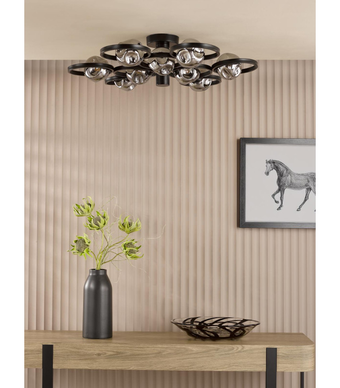 Lynette 9 Light Semi-Flush Satin Black With Closed Organic Smoked Glass-3
