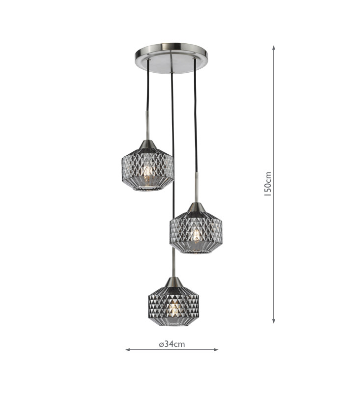 Fabrienne 3 Light Cluster Ceiling Pendant Satin Nickel and Smoked Glass-4