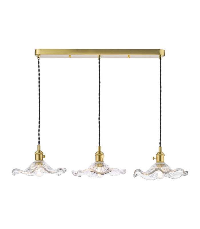Hadano 3 Light Bar Ceiling Pendant Natural Brass and Wavy Glass-1