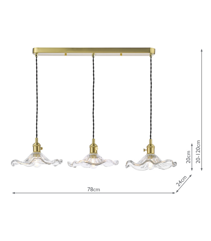 Hadano 3 Light Bar Ceiling Pendant Natural Brass and Wavy Glass-4