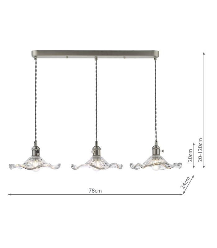 Hadano 3 Light Bar Ceiling Pendant Antique Chrome and Wavy Glass-4