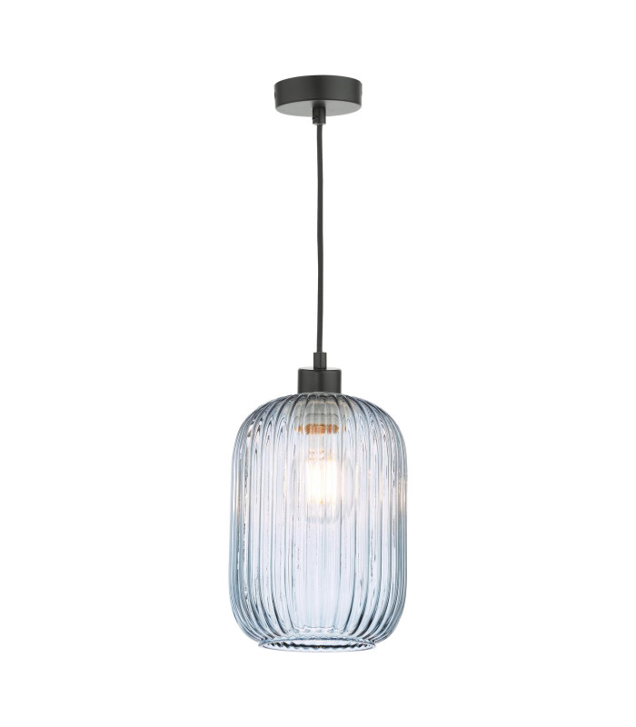 Sawyer Ceiling Pendant Matt Black and Blue Ribbed Glass-1