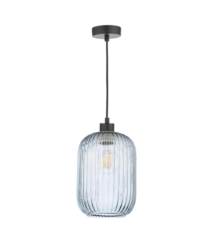 Sawyer Ceiling Pendant Matt Black and Blue Ribbed Glass-4