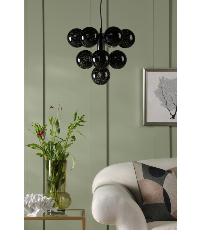 Vine 10 Light Ceiling Pendant Satin Black With Black Confetti Glass-3