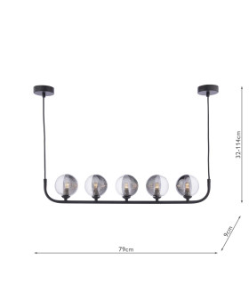Cradle 5 Light Bar Ceiling Pendant Matt Black With Smoked/Clear Ribbed Glass-2