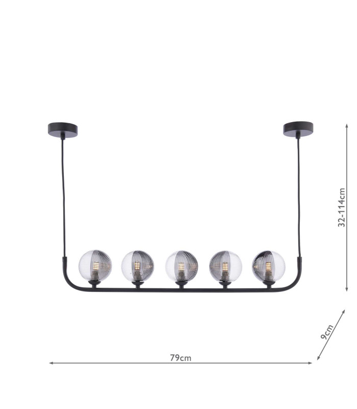 Cradle 5 Light Bar Ceiling Pendant Matt Black With Smoked/Clear Ribbed Glass-2