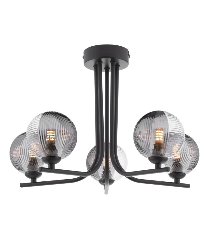 Cradle 5 Light Semi Flush Ceiling Matt Black With Smoked/Clear Ribbed Glass-1