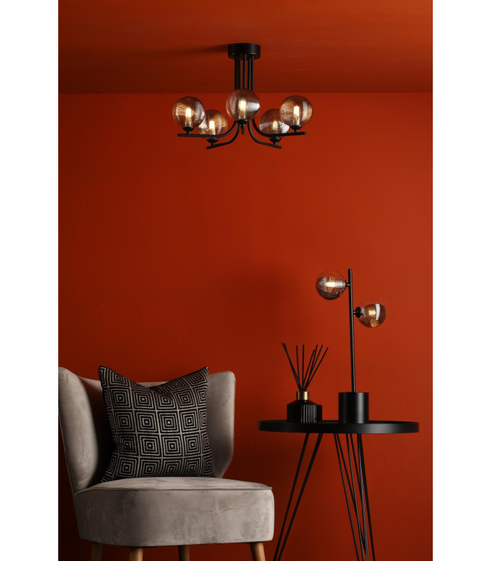 Cradle 5 Light Semi Flush Ceiling Matt Black With Smoked/Clear Ribbed Glass-2