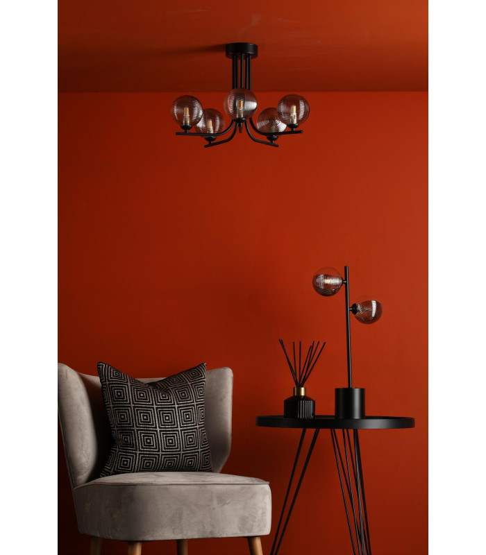 Cradle 5 Light Semi Flush Ceiling Matt Black With Smoked/Clear Ribbed Glass-3