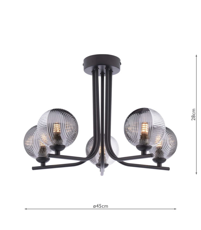 Cradle 5 Light Semi Flush Ceiling Matt Black With Smoked/Clear Ribbed Glass-4