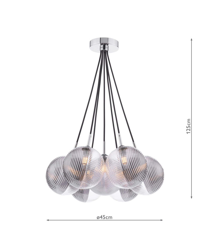 Elpis 7 Light Cluster Ceiling Pendant Polished Chrome With Smoked/Clear Ribbed Glass-2