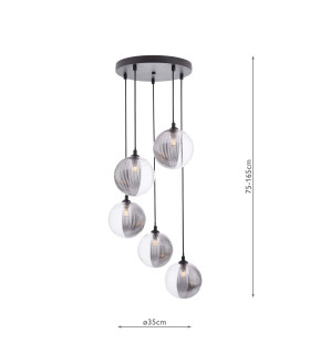 Federico 5 Light Cluster Ceiling Pendant Matt Black With Smoked/Clear Ribbed Glass-2