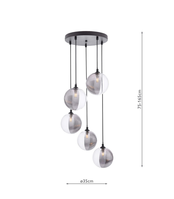 Federico 5 Light Cluster Ceiling Pendant Matt Black With Smoked/Clear Ribbed Glass-2