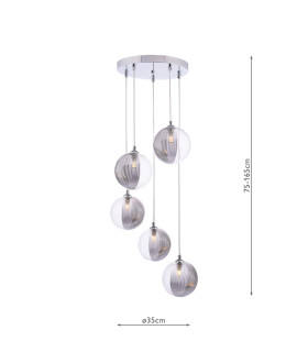 Federico 5 Light Cluster Ceiling Pendant Polished Chrome With Smoked/Clear Ribbed Glass-2