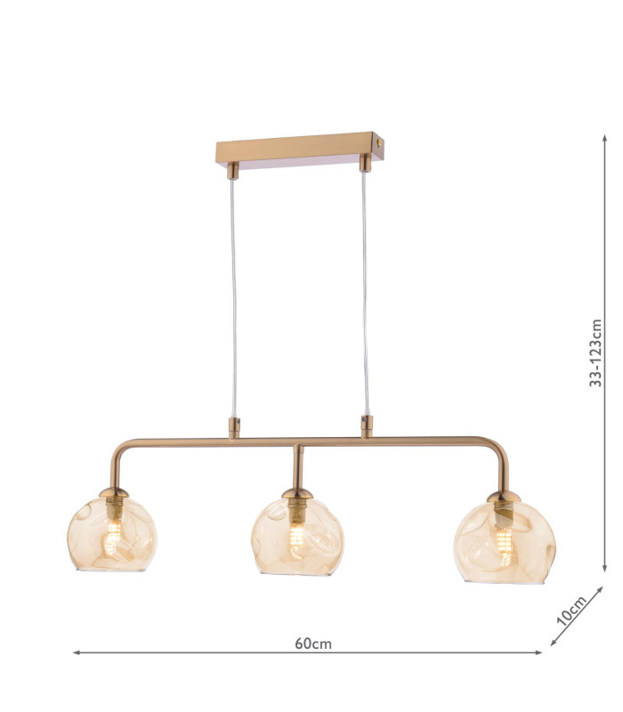 Feya 3 Light Bar Ceiling Pendant Antique Bronze With Organic Amber Glass-2