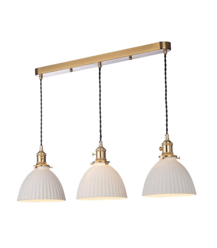 Hadano 3 Light Bar Ceiling Pendant Natural Brass & Ceramic Domed Shade-1