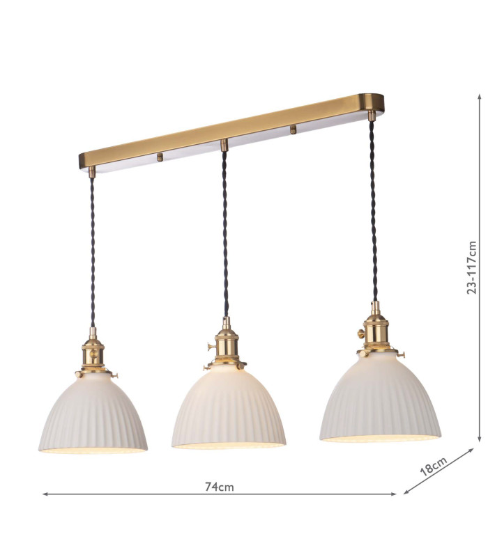 Hadano 3 Light Bar Ceiling Pendant Natural Brass & Ceramic Domed Shade-4