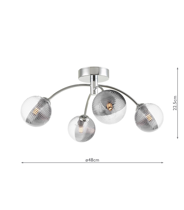 Izzy 4 Light Semi Flush Ceiling Polished Chrome With Smoked/Clear Ribbed Glass-2