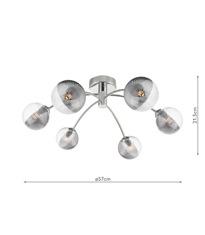 Izzy 6 Light Semi Flush Ceiling Polished Chrome With Smoked/Clear Ribbed Glass-2