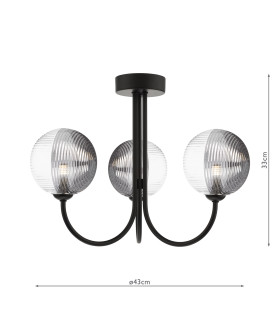 Jared 3 Light Semi Flush Ceiling Matt Black With Smoked/Clear Ribbed Glass-2