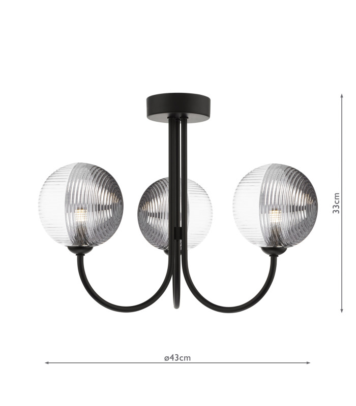 Jared 3 Light Semi Flush Ceiling Matt Black With Smoked/Clear Ribbed Glass-2