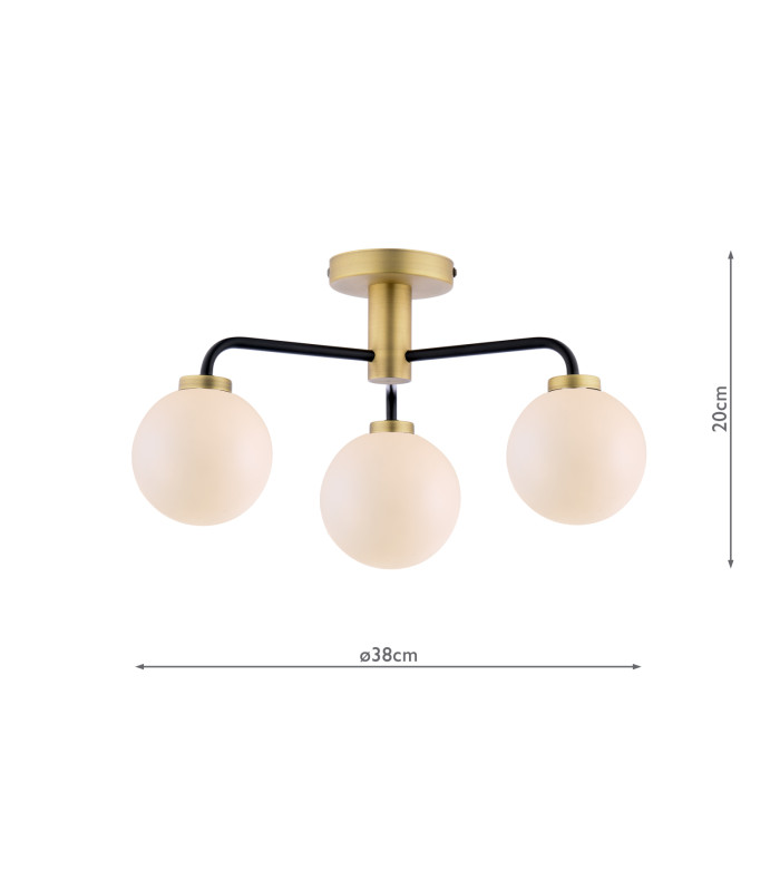Lainey 3 Light Semi-Flush Matt Black and Antique Brass With Opal Glass-2