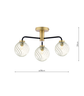 Lainey 3 Light Semi-Flush Matt Black and Antique Brass With Twisted Glass-2