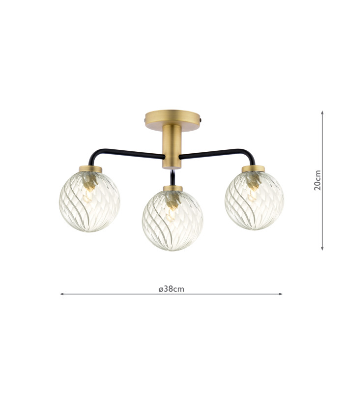 Lainey 3 Light Semi-Flush Matt Black and Antique Brass With Twisted Glass-2