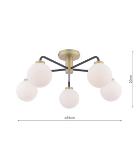 Lainey 5 Light Semi-Flush Matt Black and Antique Brass With Opal Glass-2