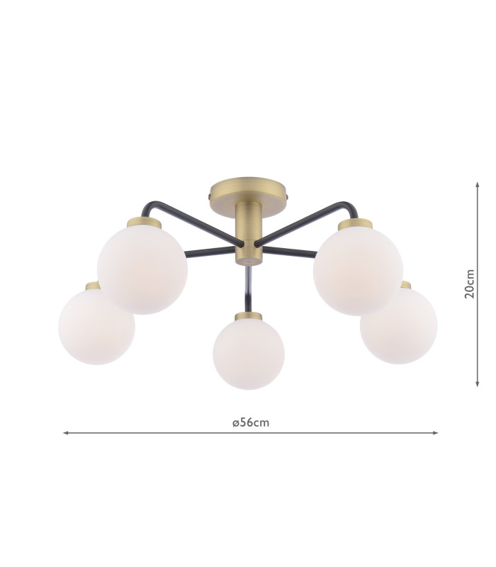 Lainey 5 Light Semi-Flush Matt Black and Antique Brass With Opal Glass-2