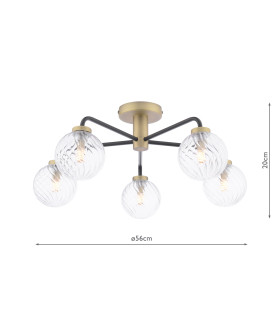 Lainey 5 Light Semi-Flush Matt Black and Antique Brass With Twisted Glass-2