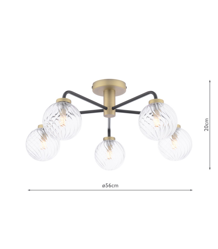 Lainey 5 Light Semi-Flush Matt Black and Antique Brass With Twisted Glass-2