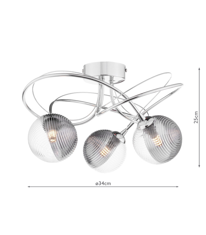 Onawa 3 Light Semi Flush Ceiling Polished Chrome With Smoked/Clear Ribbed Glass-2