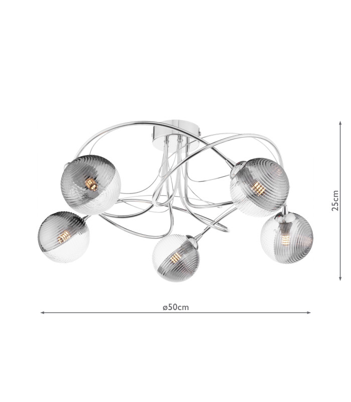 Onawa 5 Light Semi Flush Ceiling Polished Chrome With Smoked/Clear Ribbed Glass-2