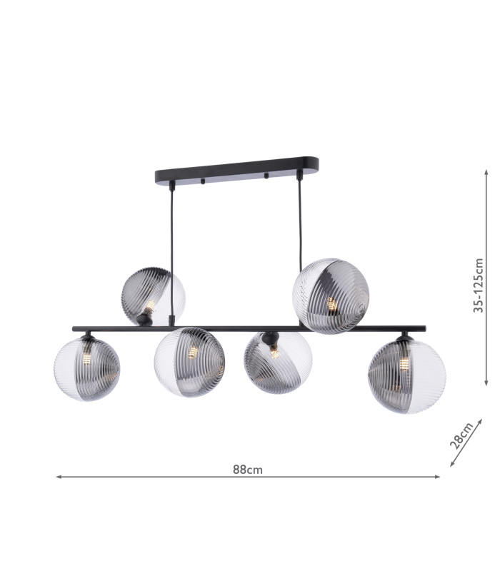 Spiral 6 Light Bar Ceiling Pendant Matt Black With Smoked/Clear Ribbed Glass-2