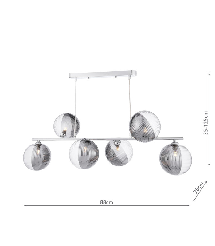Spiral 6 Light Bar Ceiling Pendant Polished Chrome With Smoked/Clear Ribbed Glass-4