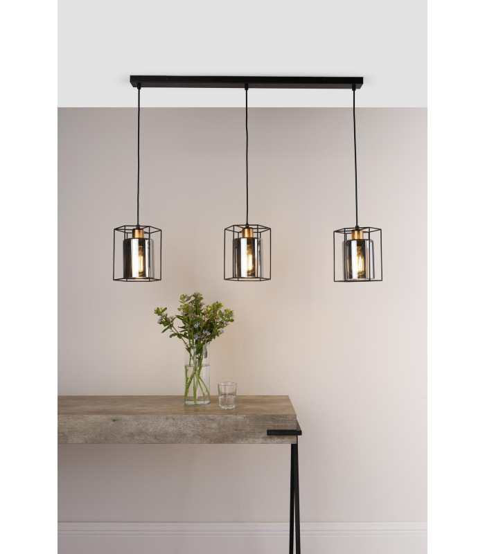 Tatum 3 Light Bar Ceiling Pendant Matt Black and Smoked Glass-4