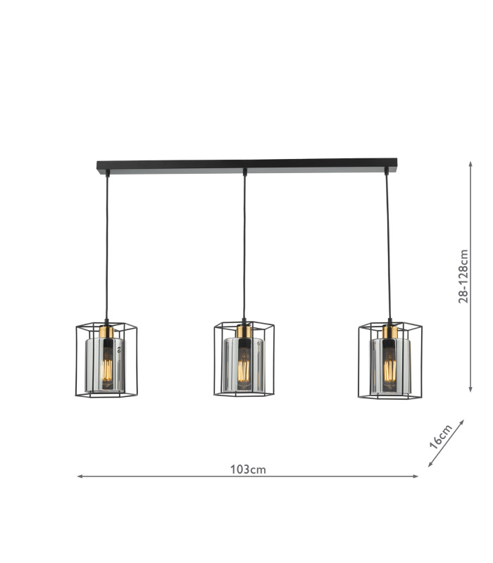 Tatum 3 Light Bar Ceiling Pendant Matt Black and Smoked Glass-6
