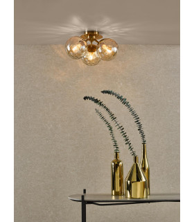 Ulrika 3 Light Flush Antique Brass and Amber Glass-2