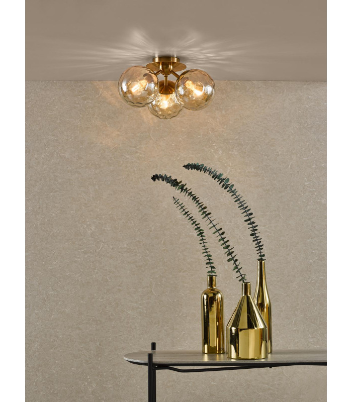 Ulrika 3 Light Flush Antique Brass and Amber Glass-2