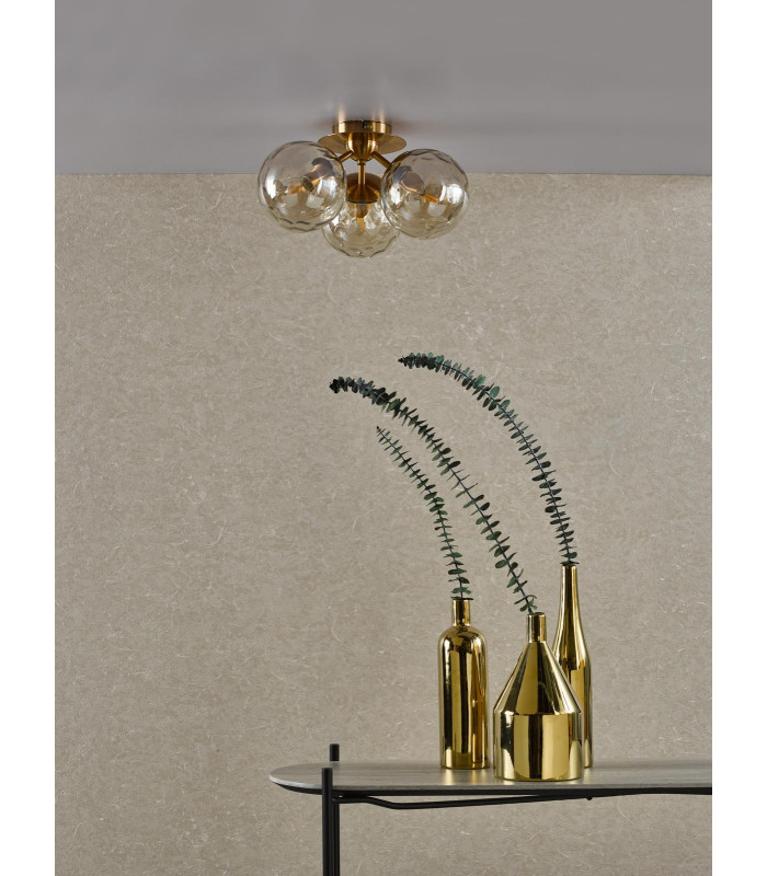 Ulrika 3 Light Flush Antique Brass and Amber Glass-3