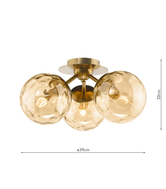 Ulrika 3 Light Flush Antique Brass and Amber Glass-4