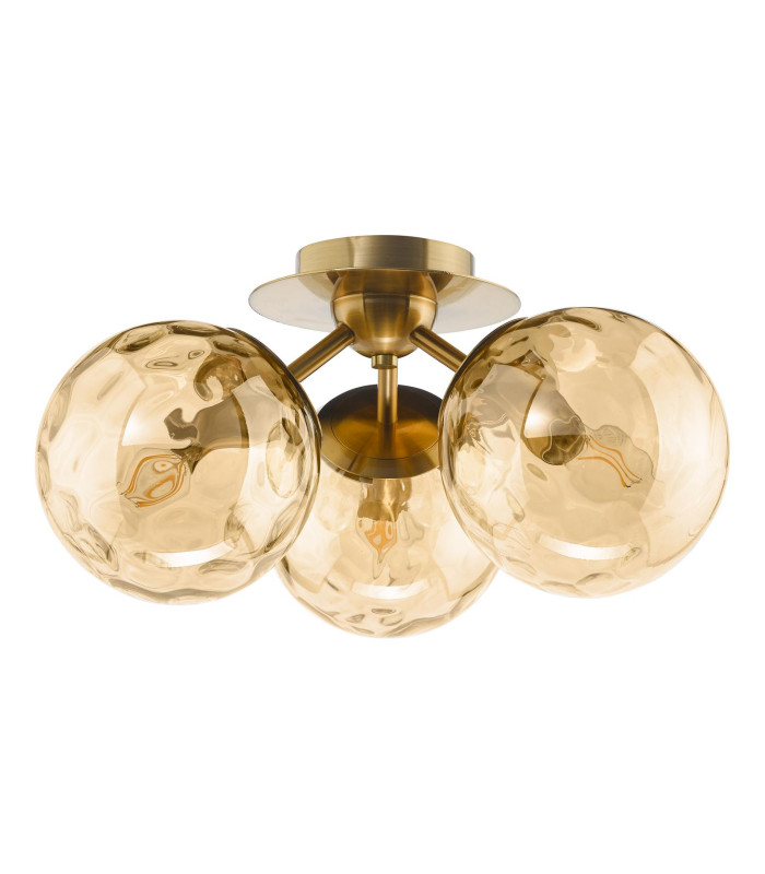 Ulrika 3 Light Flush Antique Brass and Amber Glass-5