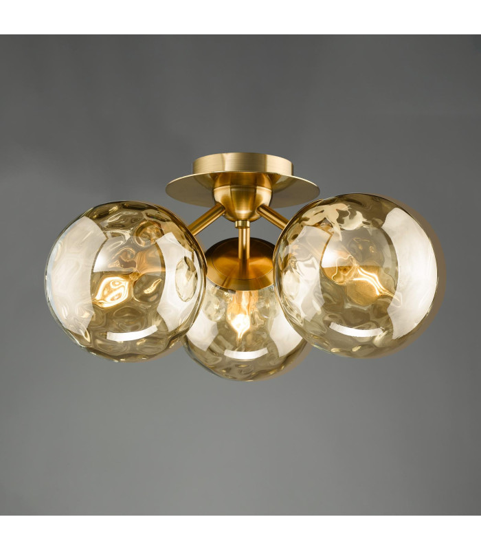 Ulrika 3 Light Flush Antique Brass and Amber Glass-6