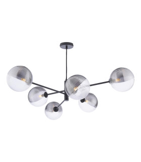 Vignette 6 Light Ceiling Pendant Matt Black With Smoked/Clear Ribbed Glass-1