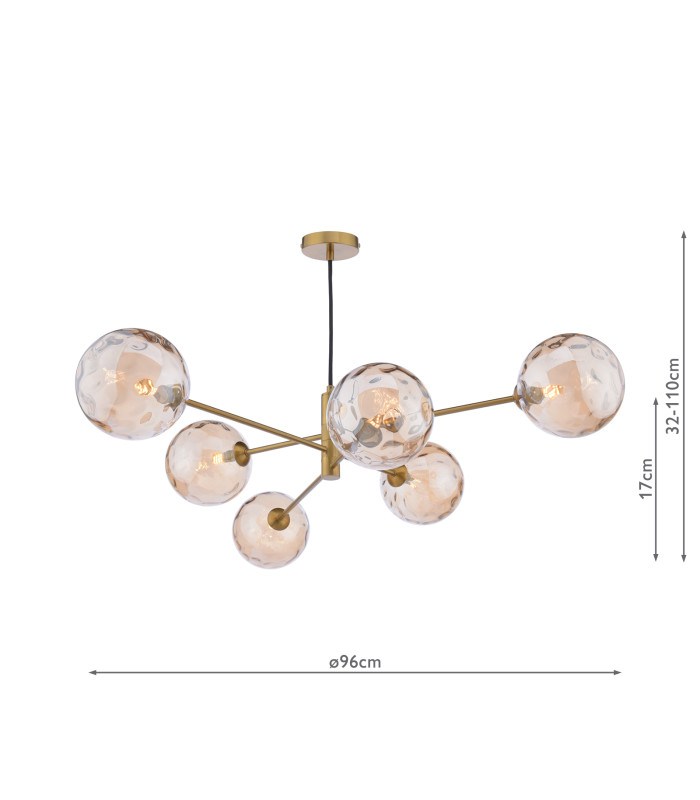 Vignette 6 Light Ceiling Pendant Aged Brass With Amber Dimpled Glass-4