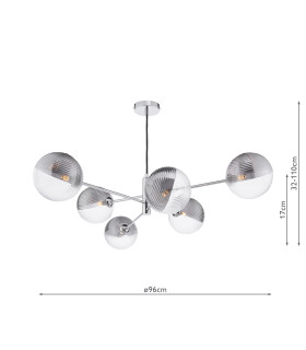 Vignette 6 Light Ceiling Pendant Polished Chrome With Smoked/Clear Ribbed Glass-2