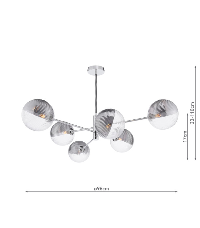 Vignette 6 Light Ceiling Pendant Polished Chrome With Smoked/Clear Ribbed Glass-2